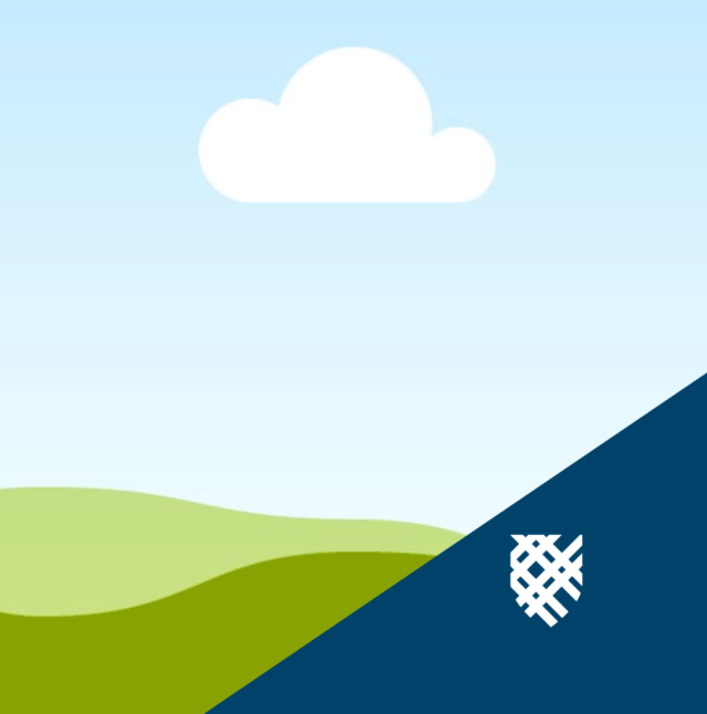 Cartoon-style blue sky with one cloud and green rolling hills below. The Mac shield is visible on a blue corner background in the bottom right.